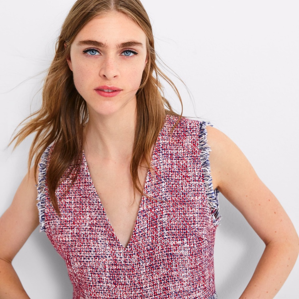 Zara Tweed Dress Red V Neck - Picture 4 of 7